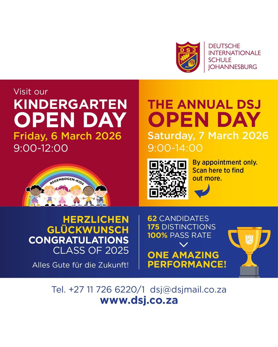 GermanyinSA's tweet image. 🇩🇪📚Open Days at German International Schools in Gauteng.

📍#DSP | Pretoria
📅 7 Mar | ⏰ 09:00-12:00

📍 @DSJ_School | Johannesburg
👧 Kindergarten: 6 Mar | 09:00-12:00
🎓 Annual Open Day: 7 Mar | 09:00-14:00

Discover German international education for your child. 🇿🇦🤝🇩🇪