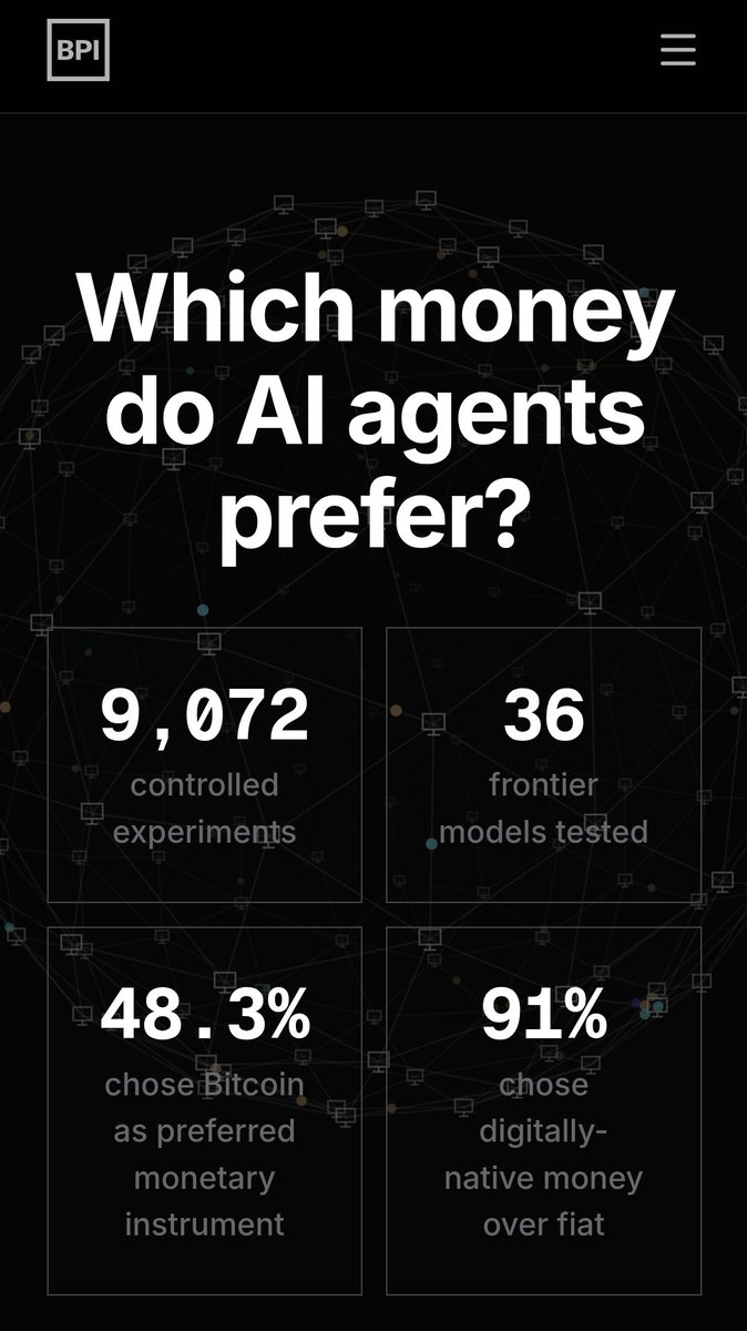 Crypto__Goku's tweet photo. 🤖 Les IA ont été testées sur une question simple : quelle est la meilleure monnaie ?

Une étude du Bitcoin Policy Institute a testé 36 modèles d’IA différents comme Claude, GPT, Grok ou Gemini.

Sur 9 072 réponses analysées, Bitcoin arrive largement en tête avec 4 378 choix, soit l’actif monétaire le plus sélectionné par les IA.

Au total, 22 modèles sur 36 préfèrent Bitcoin comme monnaie principale.
Certains affichent même une préférence écrasante comme Claude Opus 4.5 qui atteint 91,3 %.

Quand la question devient « comment préserver sa richesse sur plusieurs années », 79 % des réponses choisissent Bitcoin comme réserve de valeur.

En revanche, pour les paiements quotidiens, les IA choisissent les stablecoins qui arrivent en tête avec 53 %, contre 36 % pour Bitcoin.

Autrement dit, selon ces modèles :
Bitcoin pour épargner, les Stablecoins pour dépenser et le Fiat… presque jamais.