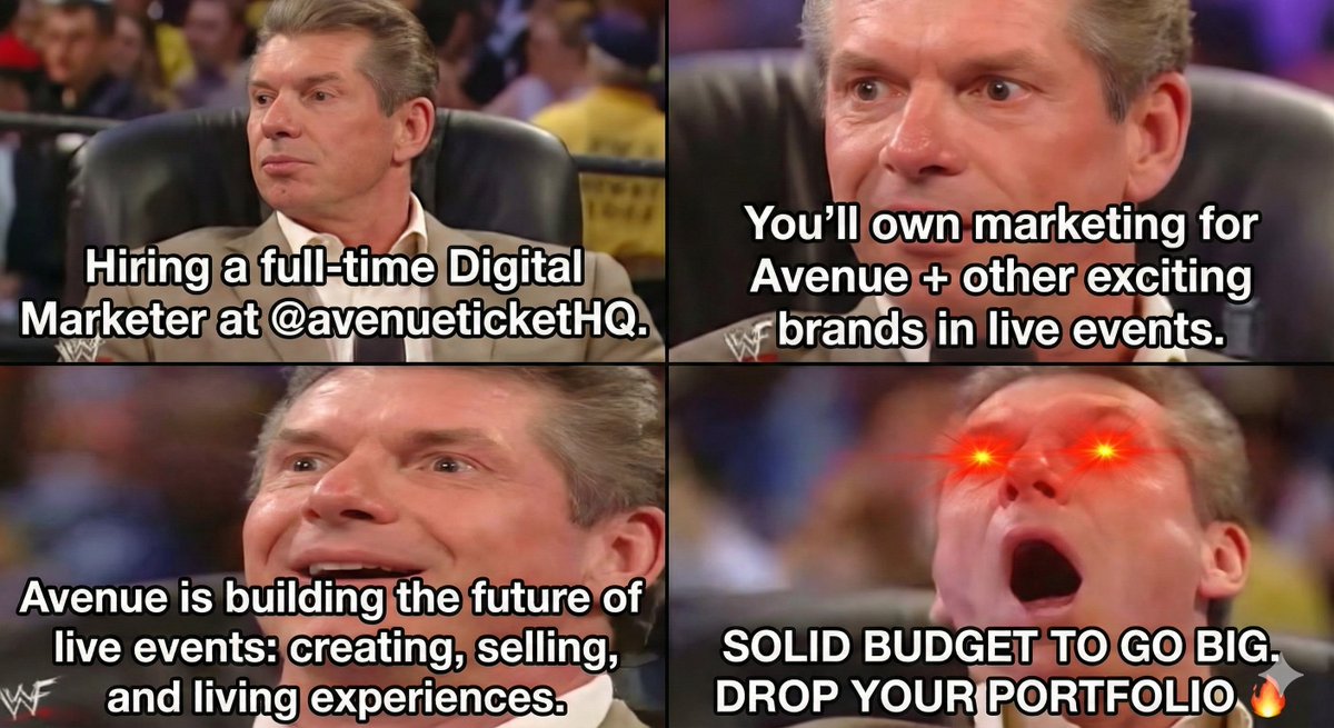 aayushchugh's tweet photo. We're hiring a kickass full-time Digital Marketer at @avenueticketHQ!

You'll own marketing for Avenue + other exciting brands in the live events space.

Avenue is building the future of live events: the platform that powers how experiences are created, sold, and lived.

We’ve got a solid budget to go big, if you're that person (or know them), drop your best work/portfolio in the replies + RT for good karma! 🔥