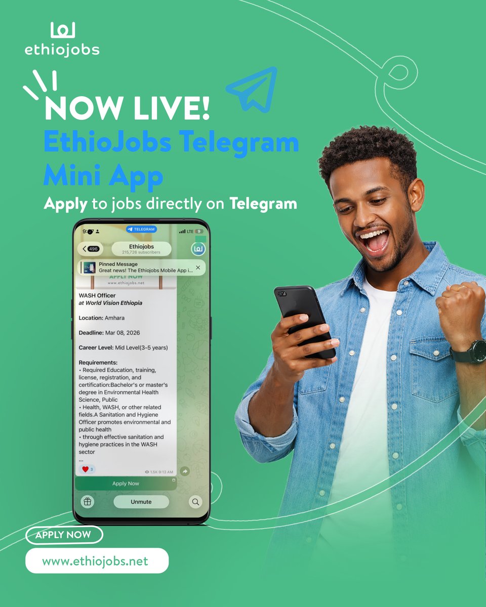 Ethiojobs's tweet photo. Big news for job seekers! 

You asked for easier job applications; we delivered.
The EthioJobs Telegram Mini App is officially LIVE!

Finding your next opportunity just got simpler, faster, and smarter.

Go check it out now 👇
https://t.co/oTfMbVGZhR https://t.co/8FACgEm9i8