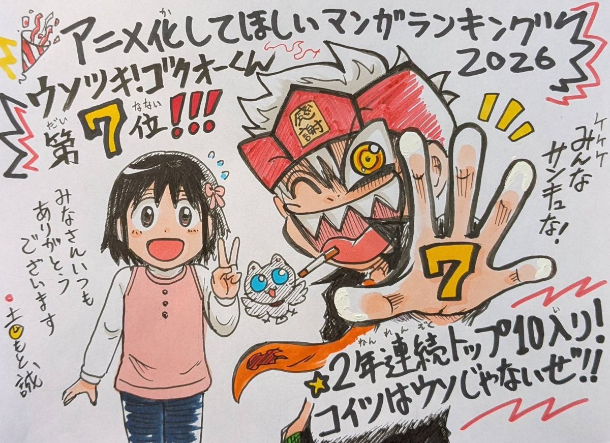 gokuo_official's tweet photo. 👑アニメ化してほしいマンガランキング2026
「ウソツキ！ゴクオーくん」今年の結果は…
✨️第7位でした〜！✨️🎉2年連続10位以内ランクインです！！これまた前代未聞！😄皆さんウソなしでキセキをありがとうございました！！🙇‍♂なんと幸せなことか…これからも精進します！！！👅 https://t.co/PqT232JRmC