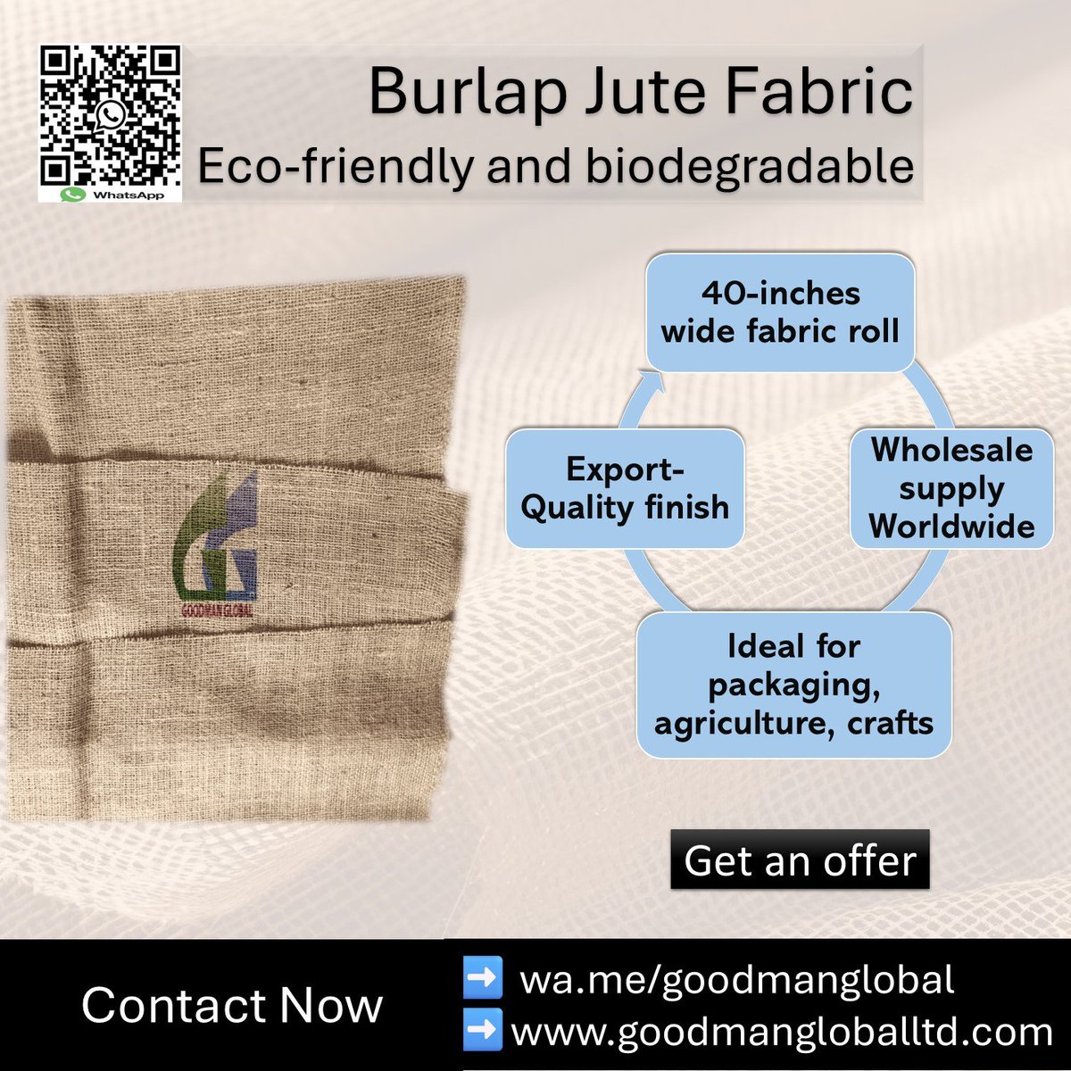 Goodman_Global's tweet image. 40-Inch Wide 9oz Hessian Jute Fabric Roll

👉goodmangloballtd.com 👉 @Goodman_Global

➡️ Shopping and grocery bags
➡️ Gift wrapping and packaging
➡️ Storage and produce sacks
➡️ Upholstery and craft projects

#jutecloth #biodegradablefabric #rustichomedecor #jutetextiles