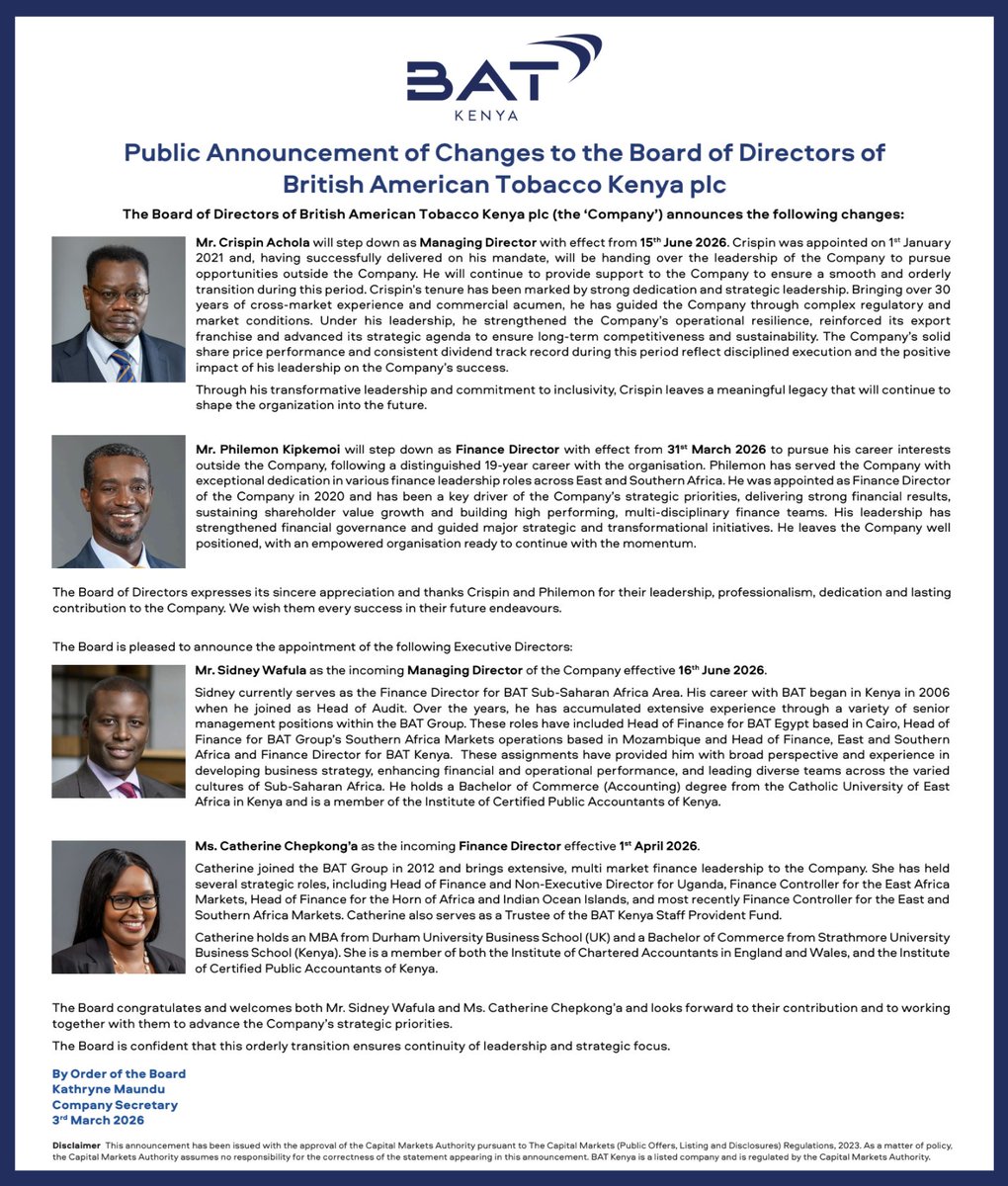 MwangoCapital's tweet photo. The changes at BAT Kenya:

—31st March 2026: Finance Director Philemon Kipkemoi exits
—1st April 2026: Catherine Chepkonga takes over as Finance Director
—5th June 2026: MD Crispin Achola steps down.
—16th June 2026: Sidney Wafula takes over as MD https://t.co/0b7ycE2CrR