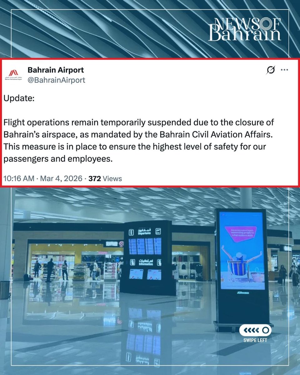 #Update | 10.45 AM | Travelers are advised to stay tuned for further updates as the situation develops.
#NewsofBahrain #news #Bahrain #Manama
