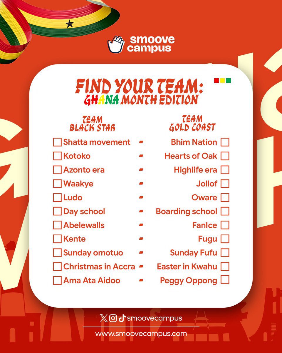 Join us celebrate the Ghana month🥳🥳🥳
Choose your team. 
#TeamBlackstars #TeamGoldCost