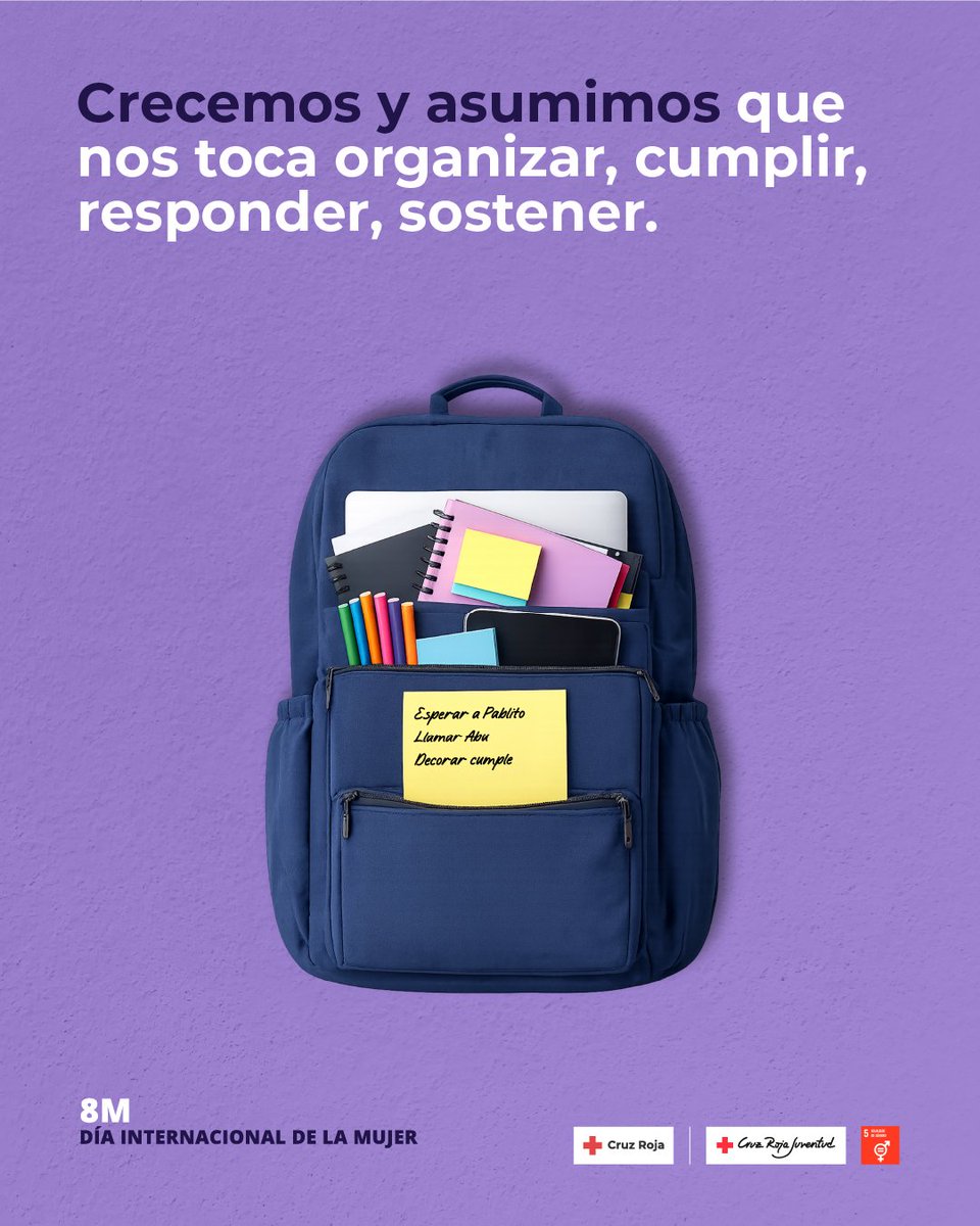 CRE_Juventud's tweet photo. Primero la mochila, luego vino el bolso y más tarde todo lo demás. Desde pequeñas aprendemos a cargar con todo y no es casualidad, es educación, es la estructura que sostiene nuestra sociedad. Por eso, este 8M hablamos de corresponsabilidad, que ya toca.

Que lo hagamos, no significa que debamos. Cuando la carga se reparte, la vida se aligera 💜

 #8M #cargamental #DiaInternacionaldelamujer