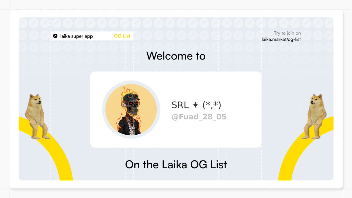 Laika_OG's tweet photo. New OG spotted: @Fuad_28_05

Locked in for the Dogecoin Super App era.

Only a few will make it.
Will you? → https://t.co/SyT4BmIDZZ https://t.co/EraQYLMQlC
