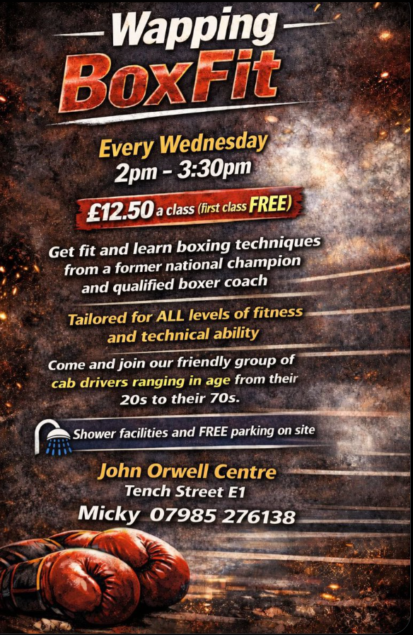 MotleyPolly's tweet photo. Today (every Wednesday) 2-3.30 pm brilliant boxing group for cabbies ♥️ First class is free!  All ages &amp; fitness levels welcome.  Don't think you can't do it - if you've done TK you can do anything!  🥊CabbieStrong💪 Thank you @WappingBoxFit https://t.co/5tRYGcF3pt
