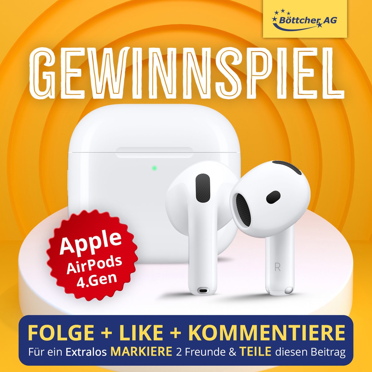 BoettcherAG's tweet photo. Wir schenken Euch die Apple AirPods 4. Generation!

Du willst unser Geschenk haben?

👉 Sei FOLLOWER unserer Seite
👉 LIKE diesen Beitrag
👉 KOMMENTIERE mit 🎧 & wieso du die AirPods gern haben möchtest
👉 Für ein EXTRALOS markiere 2 Freunde & teile diesen Beitrag

Die Aktion findet Ihr auch auf Facebook, Instagram, TikTok & Linkedin.
_____________________________
🌎 Unser Shop: https://t.co/qnROSaZ9LJ
🏁 Geschenkestichtag ist der 10.03.2026
_____________________________

Der Beschenkte wird nach dem Zufallsprinzip ermittelt und per Nachricht informiert.
Sollte sich der Beschenkte nicht innerhalb einer Woche melden, wird die Verlosung wiederholt.
_____________________________

📌Teilnahmebedingungen: https://t.co/hWfSQxwGVP

#gewinnspiel #gewinnspiele #giveaway #verlosung #gewinnen #gl #gewinn #giveaways #verlosungen #win #gewinne #blogger #de #gewinner #vielglück #giveawaytime #verlosen #werbung #geschenk #Gewinnspiel #Gewinnspielwettbewerb #blogger_de #vielglück #DeinGlück2026 #Gewinnspiele2026 #Geschenke #2026Gewinnspiele #deutschlandgewinnspiel