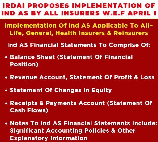 arbindtiwariT's tweet image. #JustIn | #IRDAI proposes implementation of #IndAS by all #insurers w.e.f April 1, implementation of Ind AS applicable to all–Life, General, Health Insurers &amp;amp; Reinsurers

🚩Notes to Ind AS financial statements include: Significant accounting policies &amp;amp; other explanatory