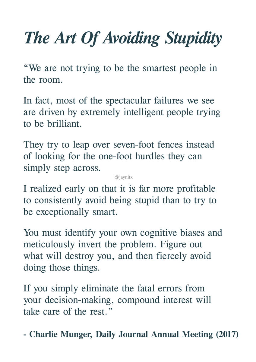 jaynitx's tweet photo. Charlie Munger literally explained why trying to be a genius is the fastest way to fail: https://t.co/tQ0DFf39Qe