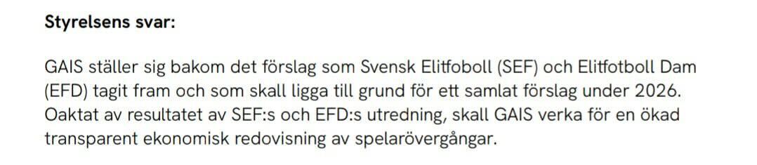 Mycket bra av Gais styrelse att de oaktat resultatet av Svensk Elitfotbolls utredning , skall verka för att transparent redovisa sina spelarövergångar. Viktigt med klubbar som går i framkant så att fler vågar följa efter.

cdn.prod.website-files.com/63c6661e9edc14…