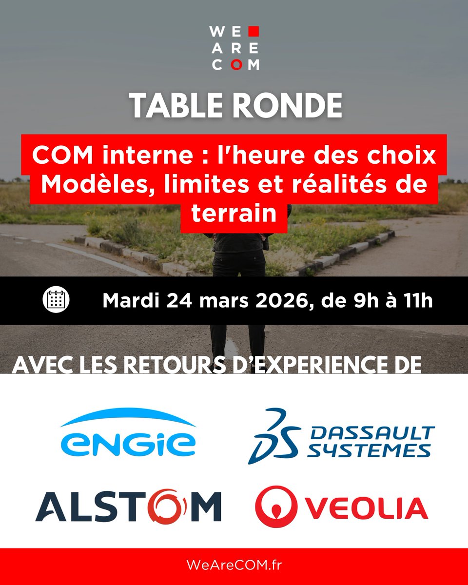 We_are_com's tweet photo. Transformer les messages d’un côté 👀 Soutenir la dynamique collective de l’autre 👀 Et au milieu ? 𝐔𝐧 𝐫𝐨̂𝐥𝐞 𝐝𝐞 « 𝐜𝐡𝐞𝐟 𝐝’𝐨𝐫𝐜𝐡𝐞𝐬𝐭𝐫𝐞 » 𝐝𝐞 𝐩𝐥𝐮𝐬 𝐞𝐧 𝐩𝐥𝐮𝐬 𝐜𝐨𝐦𝐩𝐥𝐞𝐱𝐞 𝐩𝐨𝐮𝐫 𝐥𝐚 𝐂𝐎𝐌 𝐢𝐧𝐭𝐞𝐫𝐧𝐞 😬

👉 Pour son prochain rendez-vous en présentiel, le Club We Are COM organise, en partenariat avec ENGIE, une table ronde dédiée 𝐚𝐮𝐱 𝐚𝐫𝐛𝐢𝐭𝐫𝐚𝐠𝐞𝐬 𝐜𝐨𝐧𝐜𝐫𝐞𝐭𝐬 𝐝𝐞 𝐥𝐚 𝐂𝐎𝐌 𝐢𝐧𝐭𝐞𝐫𝐧𝐞.

Nous croiserons les regards de :
🔹 Anne Rochon, Group Internal Communication Director – ENGIE
🔹 Virginie Odinet, Internal Communications Director – Dassault Systèmes
🔹 Pauline Bochot, VP Internal Communication & Employee Engagement – Alstom
🔹 Caroline Leix, Responsable Communication VWIS – Veolia Eau

𝗔𝘂 𝗽𝗿𝗼𝗴𝗿𝗮𝗺𝗺𝗲 :
➡️ Centralisation ou régionalisation : trouver le bon compromis
➡️ Rationalisation des canaux : faut-il vraiment tirer « tous azimuts » ?
➡️ Managers : comment les transformer en partenaires incontournables ?
➡️ Mesure de l’engagement : interroger ce que l’on mesure réellement

𝐔𝐧 𝐚𝐭𝐞𝐥𝐢𝐞𝐫 𝐩𝐨𝐮𝐫 𝐜𝐞𝐥𝐥𝐞𝐬 𝐞𝐭 𝐜𝐞𝐮𝐱 𝐪𝐮𝐢 𝐬𝐚𝐯𝐞𝐧𝐭 𝐪𝐮𝐞 𝐥𝐚 𝐂𝐎𝐌 𝐢𝐧𝐭𝐞𝐫𝐧𝐞 𝐞𝐬𝐭 𝐥𝐞 𝐩𝐫𝐞𝐦𝐢𝐞𝐫 𝐥𝐞𝐯𝐢𝐞𝐫 𝐝𝐞 𝐥𝐚 𝐜𝐨𝐧𝐟𝐢𝐚𝐧𝐜𝐞 𝐞𝐧 𝐞𝐧𝐭𝐫𝐞𝐩𝐫𝐢𝐬𝐞 💪🏻

📅 Mardi 24 mars, de 9h à 11h
📍 Campus ENGIE

📩 𝐕𝐨𝐮𝐬 𝐞̂𝐭𝐞𝐬 𝐦𝐞𝐦𝐛𝐫𝐞 𝐝𝐮 𝐂𝐥𝐮𝐛 ? L’invitation est déjà dans votre boîte mail et sur l’agenda de votre espace membre 👉 https://t.co/NaYHwnYKvk

💡 𝐏𝐚𝐬 𝐞𝐧𝐜𝐨𝐫𝐞 𝐦𝐞𝐦𝐛𝐫𝐞 ? Bénéficiez d'une "invitation découverte" : https://t.co/OXAZsfZuhh

#WeAreCOM #CommunicationInterne #Engagement #ComInterne