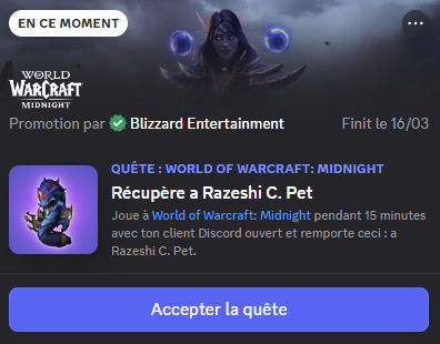 Pour ceux qui ne l'ont pas vu passer : 
Petite quête sur Discord pour récupérer une Mascotte !

#worldofwarcraft