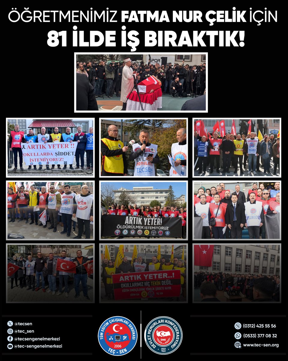 TEÇ-SEN olarak; en güvende olması gereken yerde, okulunda katledilen öğretmenimiz Fatma Nur Çelik için ülkenin dört bir yanında alanlara inip 1 günlük iş bıraktık.

İstanbul Çekmeköy Taşdelen Borsa İstanbul Mesleki ve Teknik Anadolu Lisesi’nde yaşanan vahşi saldırı sonucunda