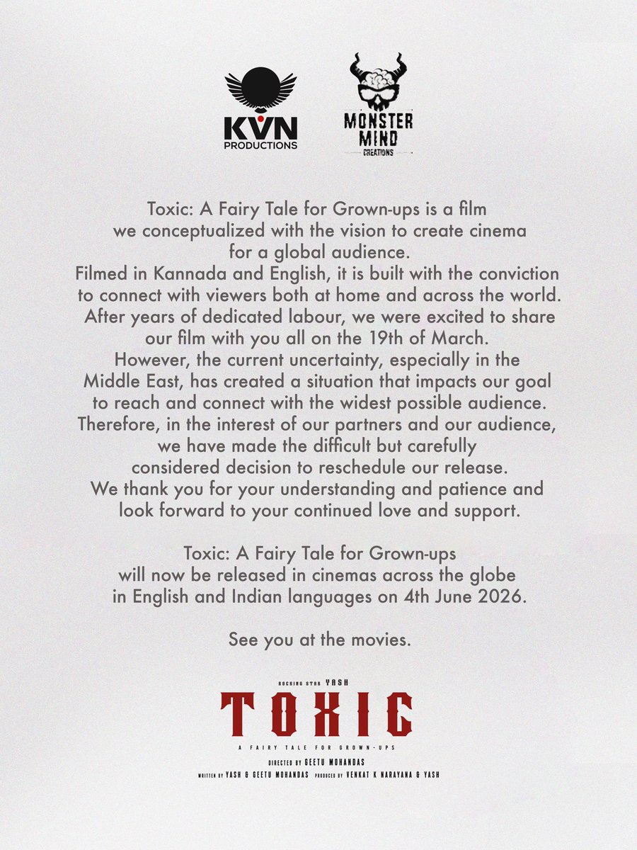 VishalMMishra's tweet image. This film and everything we do is for the FANS , But While the world is on edge, restraint speaks louder than promotion. What a thoughtful move.

#Toxic  in cinemas on 4th June … 

Till then, enjoy the sound of #Tabaahi 💥

@TheNameIsYash @GeethuMohandas_ @KvnProductions