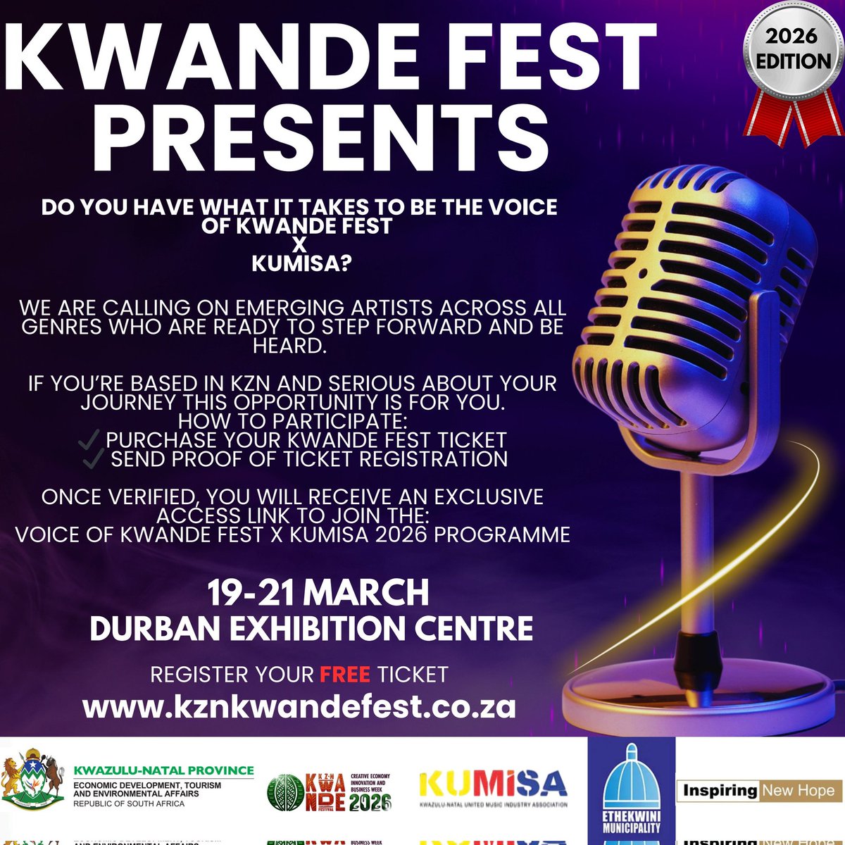 KUMISA_Network's tweet photo. VOICE OF KWANDE FEST x KUMISA

Kwande Fest, in partnership with KUMISA, is giving YOU the chance to become the Official Voice of Kwande Fest 2026.

Durban Exhibition Centre
19 – 21 March 2026.

⌛ Closing Date: 9 March 2026

For more details, refer to poster. https://t.co/NQ6IsJz3Wt