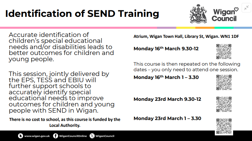 Identification of SEND training - Book on via the Be Wigan Services for Schools Portal
#TESS #SEND #Inclusion