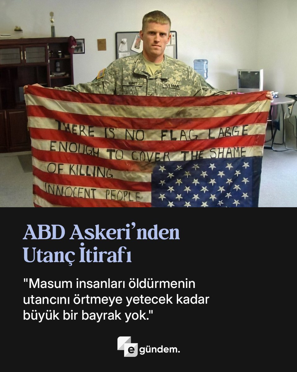 🚨 ABD’li bir asker, elinde tuttuğu bayrakla verdiği mesajla gündem oldu. Üzerindeki yazıda, “Masum insanları öldürmenin utancını örtmeye yetecek kadar büyük bir bayrak yok” ifadeleri yer aldı.

🇺🇸 Fotoğraf kısa sürede sosyal medyada yayılırken, söz konusu mesaj savaş ve sivil