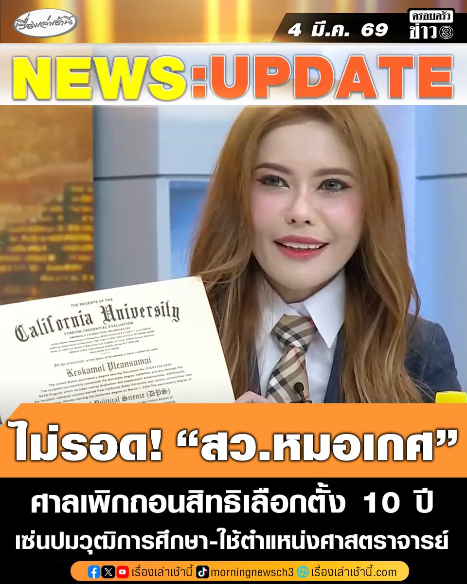 ด่วน!!! ศาลฎีกาแผนกคดีเลือกตั้งมีคำสั่งเพิกถอนสิทธิเลือกตั้ง 10 ปี สว.เกศกมล เปลี่ยนสมัย หรือหมอเกศ จากปมใช้ตำแหน่งศาสตราจารย์ ที่เข้าข่ายหลอกลวงให้เข้าใจผิดในคุณสมบัติ อันขัดต่อรัฐธรรมนูญแห่งราชอาณาจักรไทย มาตรา 226 และ พ.ร.ป.ว่าด้วยการได้มาซึ่งสมาชิกวุฒิสภา พ.ศ.2561 มาตรา 62