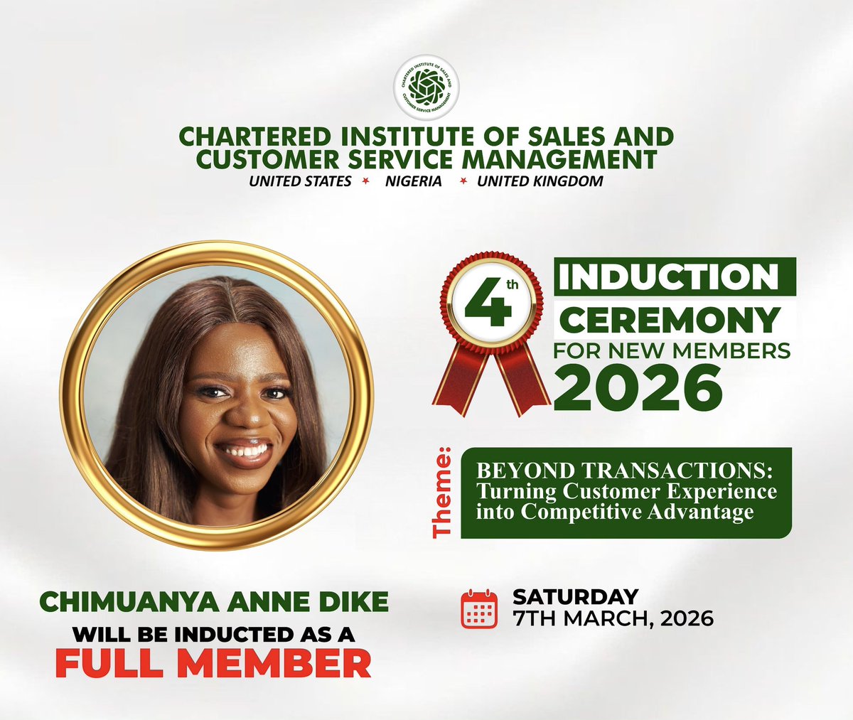 ChimuanyaDike's tweet photo. I’m grateful to be inducted as a Full Member of the Chartered Institute of Sales and Customer Service Management this March 7, 2026.

Here's to turning milestones into meaningful impact for organizations, customers, and communities!

#CISCM #ChimuanyaDike #CX #IWD2026 #Service https://t.co/g9hgtpETZ7