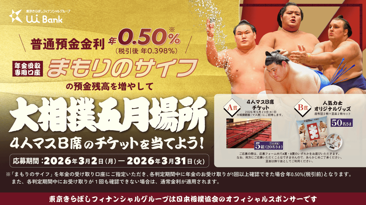 UIbank_official's tweet photo. ＼大相撲五月場所 マスB席が当たる！／
UI銀行「まもりのサイフ（普通預金）」を保有＋10万円入金+応募で完了！
A賞：マスB席（5組20名）
B賞：人気力士オリジナル座布団＆豆皿セット（50名）
今だけの限定チャンス🏮✨
詳細はこちら👇
https://t.co/pIqOBe7Jqo
#sumo #相撲 #マス席 #相撲キャンペーン https://t.co/F9JQ6rvdS3