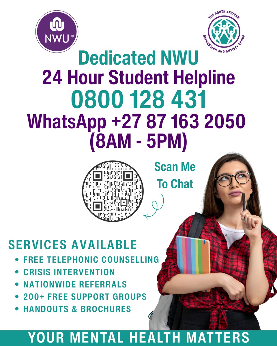 PUKfm936's tweet photo. STUDENT PSA: Don’t wait until you’re overwhelmed to seek help. 

Save these numbers in your phone right now: 

0800 128 431 (24-Hour Call) 
087 163 2050 (WhatsApp 8 am-5 pm)

It’s free, it’s confidential, and it’s dedicated to NWU students. 🦅💜 #NWU #SADAG #MentalHealthSupport https://t.co/M8fzQn9Mnw