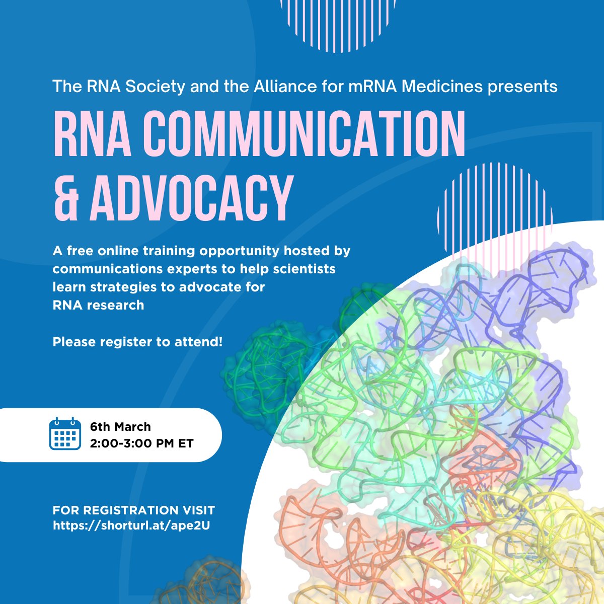 RNASociety's tweet photo. @RNASociety &amp; the Alliance for mRNA Medicines (AMM) are collaborating on communication &amp; advocacy training for members on Mar. 6, 2-3pm ET (link below).

Please note: US federal law strictly prohibits US federal grantees from use of grant funds for lobbying &amp; political activity. https://t.co/aQV9w4fmbP