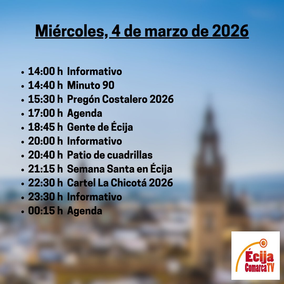 📺 Programación de Écija Comarca TV para el día de hoy, miércoles 4 de marzo de 2026
‼️ No te lo pierdas!

#Écija #Programación #Televisión