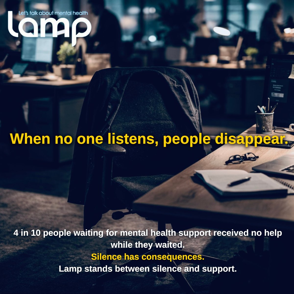 LAMPCharity_'s tweet image. One day he just stopped turning up…

4 in 10 people waiting for support received no help while they waited.

Silence has consequences.
When no one listens, people disappear.

Support us: justgiving.com/campaign/theem…

#MentalHealthMatters #WorkplaceWellbeing