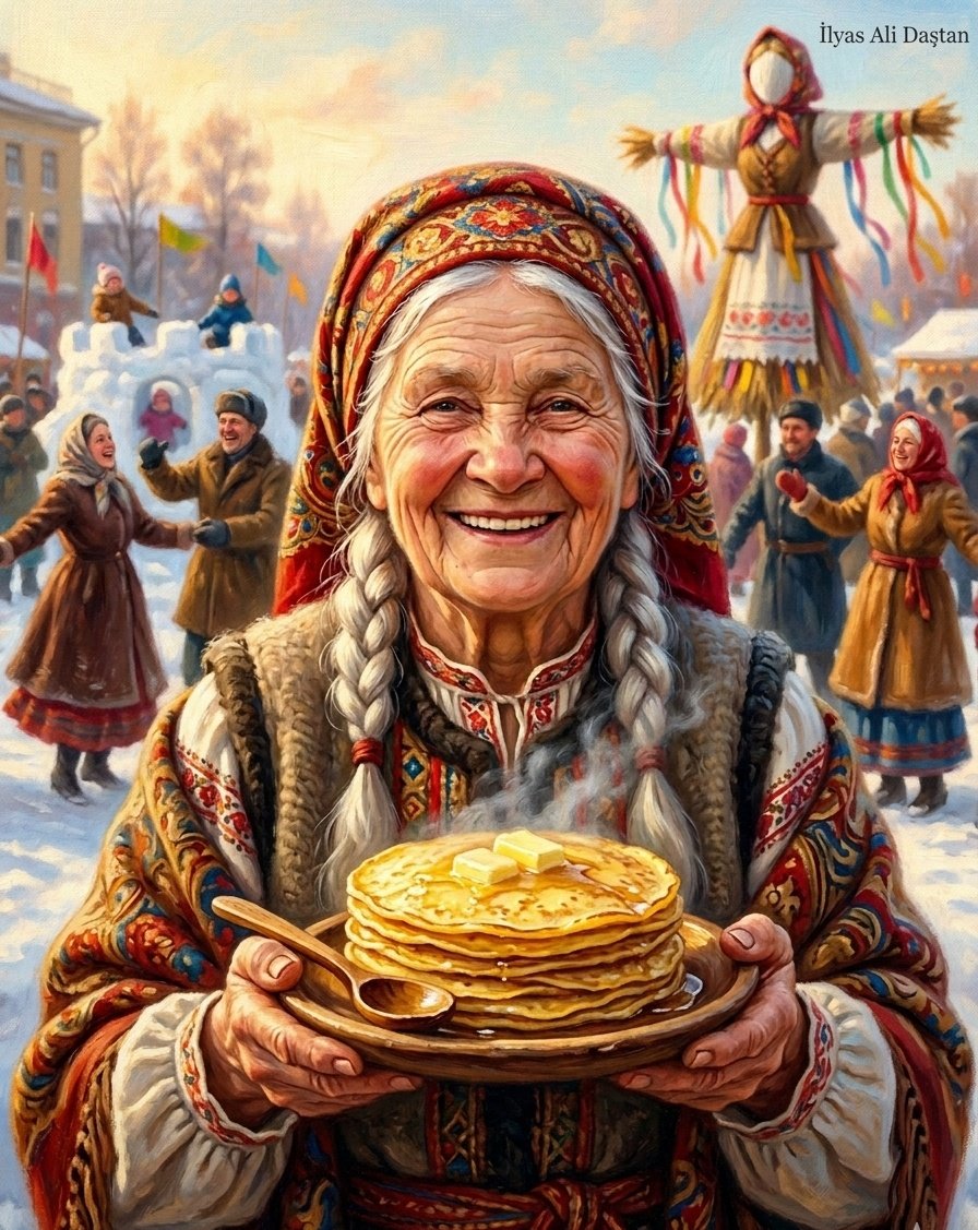 ilyas_dastan's tweet photo. MASLENİTSA
Slavların güneşi simgeleyen krepleri ve kışa veda ateşi.
Maslenitsa ile baharı en lezzetli ve en sıcak şekilde karşılıyoruz.
Blini pişirmek, kızakla kaymak, yumruk dövüşleri ve festival sonunda kış kuklasının yakılma geleneği.
#Maslenitsa #SlavicCulture #Portreler https://t.co/Hg0LbkMvp0