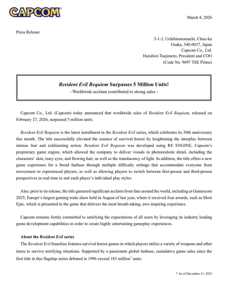 Resident Evil Requiem sold over 5 million units worldwide 🔥

- The fastest selling game in the franchise 
- Broke the record in 5 days