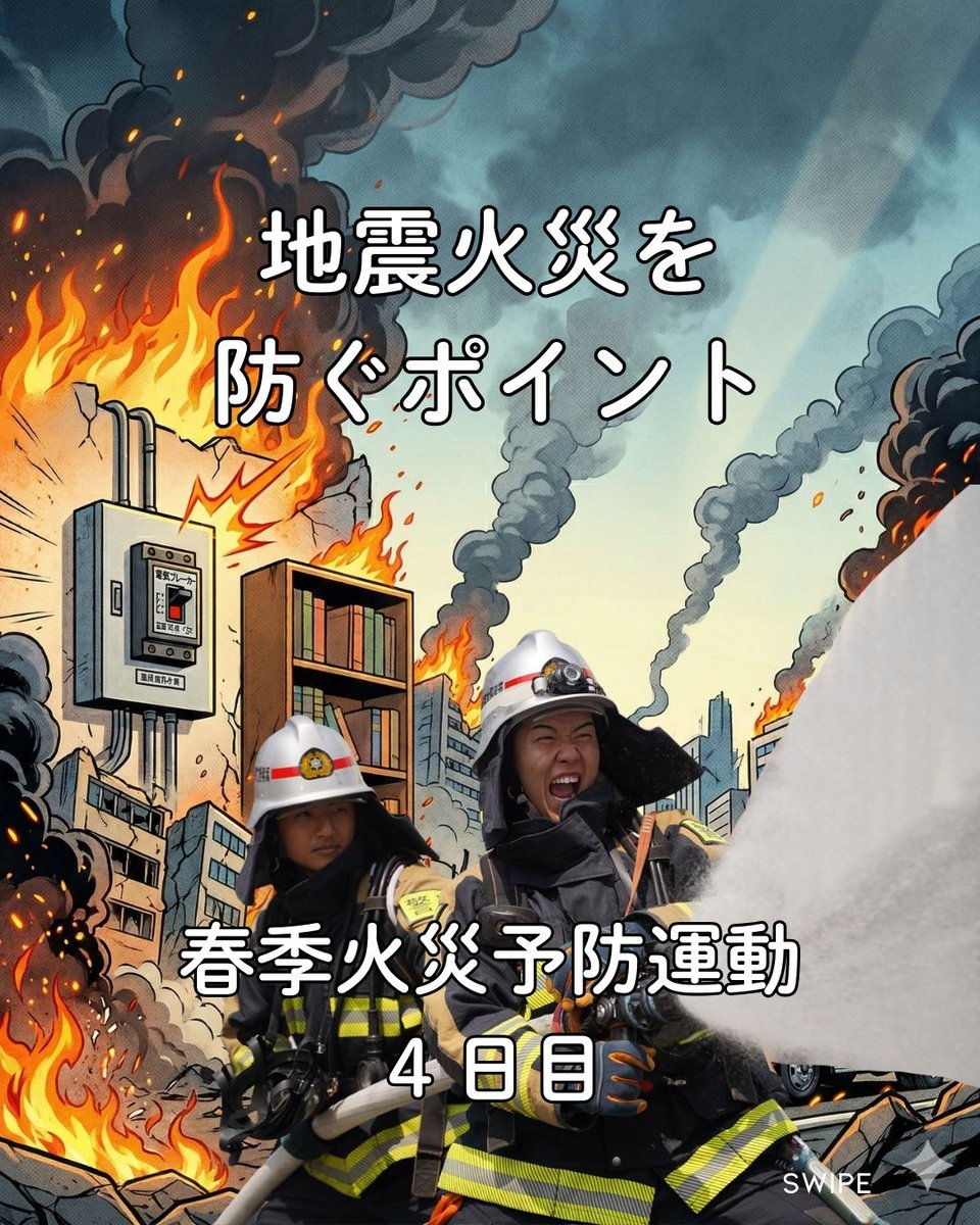 chikuta119's tweet photo. 【春季火災予防運動 4日目】

テーマは
「地震火災を防ぐポイント」

地震のあとに起こる火災の多くは
電気やガスが原因です。

特に注意したいのが
停電復旧時の 通電火災。

✔ 事前の備え
✔ 地震直後の行動
✔ 復旧時の確認

この3つを確認しましょう。

#春季火災予防運動
#地震火災
#通電火災 https://t.co/h7HKLYOE50