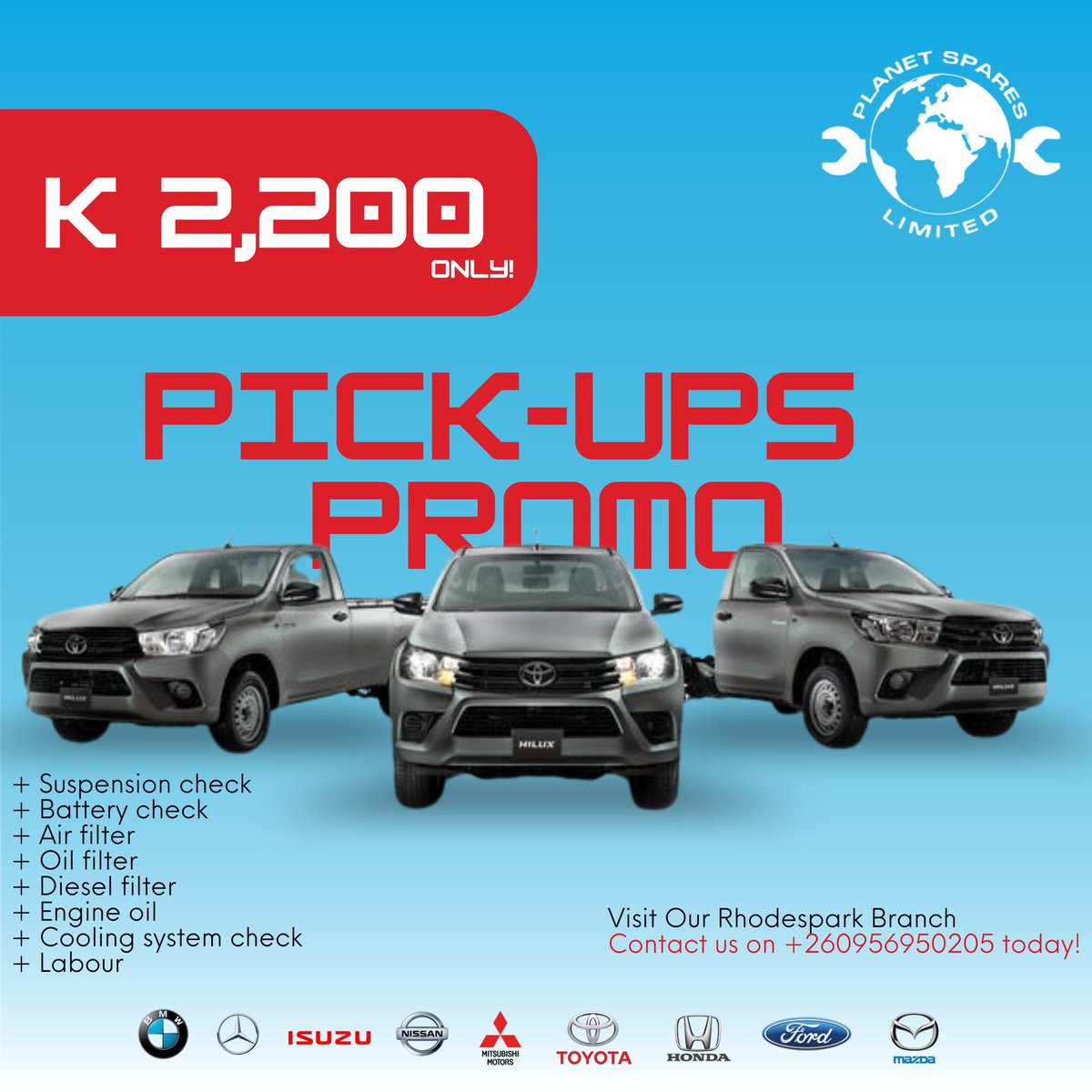 PlanetSparesLtd's tweet image. Get a complete pick-up service kit and a full safety inspection. From oil changes to filter replacements.

Visit Our Rhodespark Branch.
Contact us on +260956950205 today!
#PlanetSpares #PickUps #ServiceKit