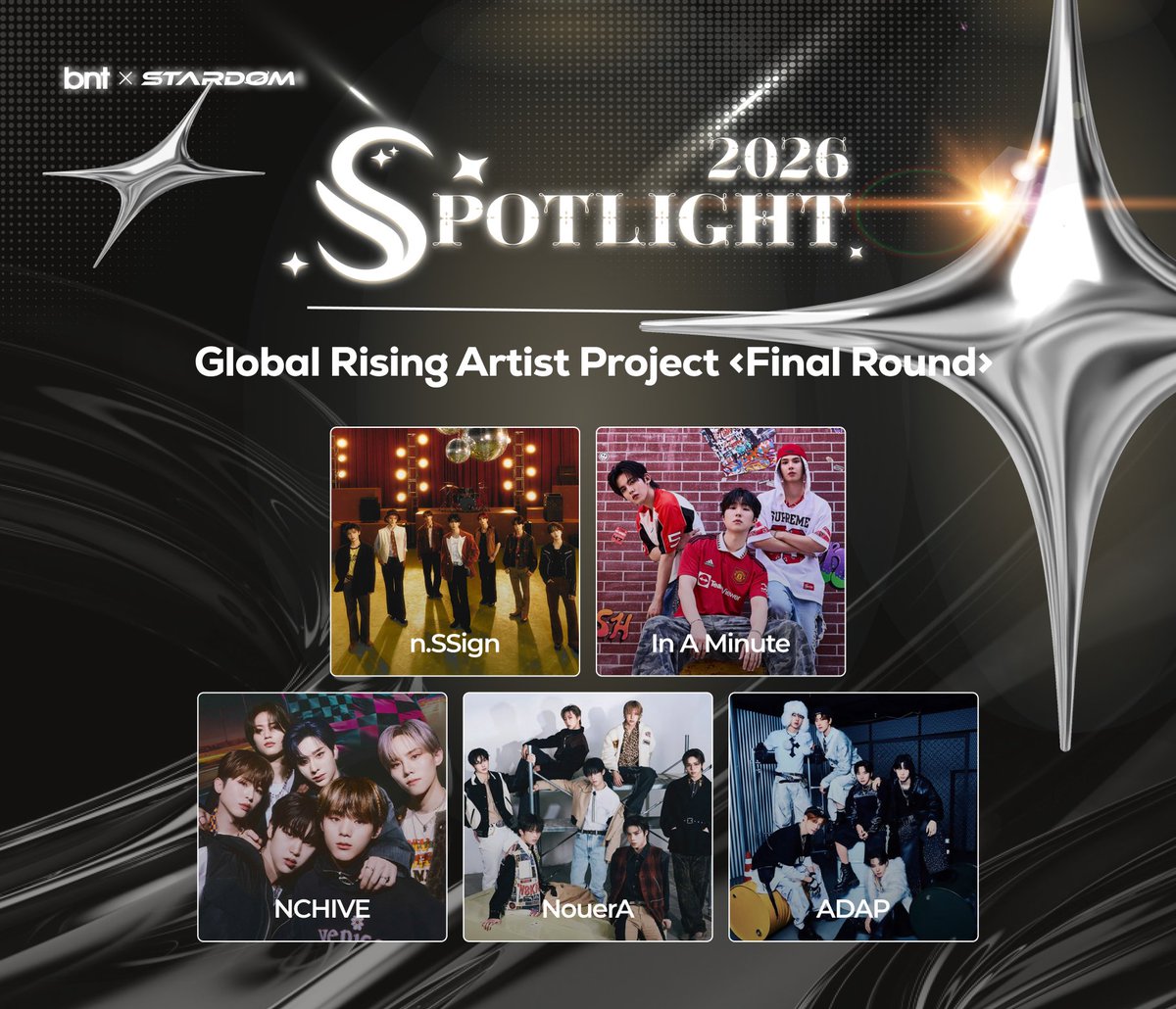 SPOTLIGHT ON—RISING STAR ✨
BNT SPOTLIGHT | Global Rising Artist Project

FINAL ROUND 진출 5개 팀을 소개합니다!
#nSSign #InAMinute #NCHIVE #NouerA #ADAP

🗓️FINAL ROUND 03/06 15:00 KST OPEN 🙌
➕ 실버스타 20개로 무제한 무료 투표 참여 가능!
🌍 글로벌 팬의 선택으로 라이징 아티스트