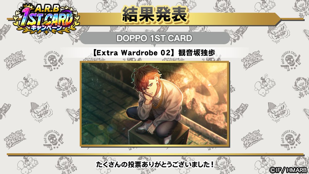⬜⬜⬜⬜🗳⬜⬜⬜⬜
A.R.B 1ST CARDキャンペーン
　　　結　果　発　表
⬜⬜⬜⬜⬜⬜⬜⬜⬜

シンジュク・ディビジョンの
各1位は……👀

👑【おかえりなさいませ】神宮寺寂雷
👑【学年一のコミュ力】伊弉冉一二三
👑【Extra Wardrobe 02】観音坂独歩

#ヒプマイ #ヒプマイARB