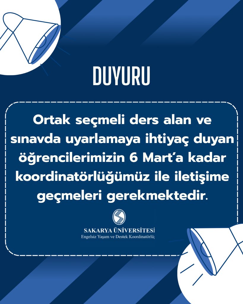 ‼️Ortak seçmeli ders alıp sınavda uyarlamaya ihtiyaç duyan öğrencilerimizin koordinatörlüğümüzle iletişime geçmeleri gerekmektedir. 
#engelsizsau #sakaryauniversitesi #engelsizuniversite #erişilebilirlik