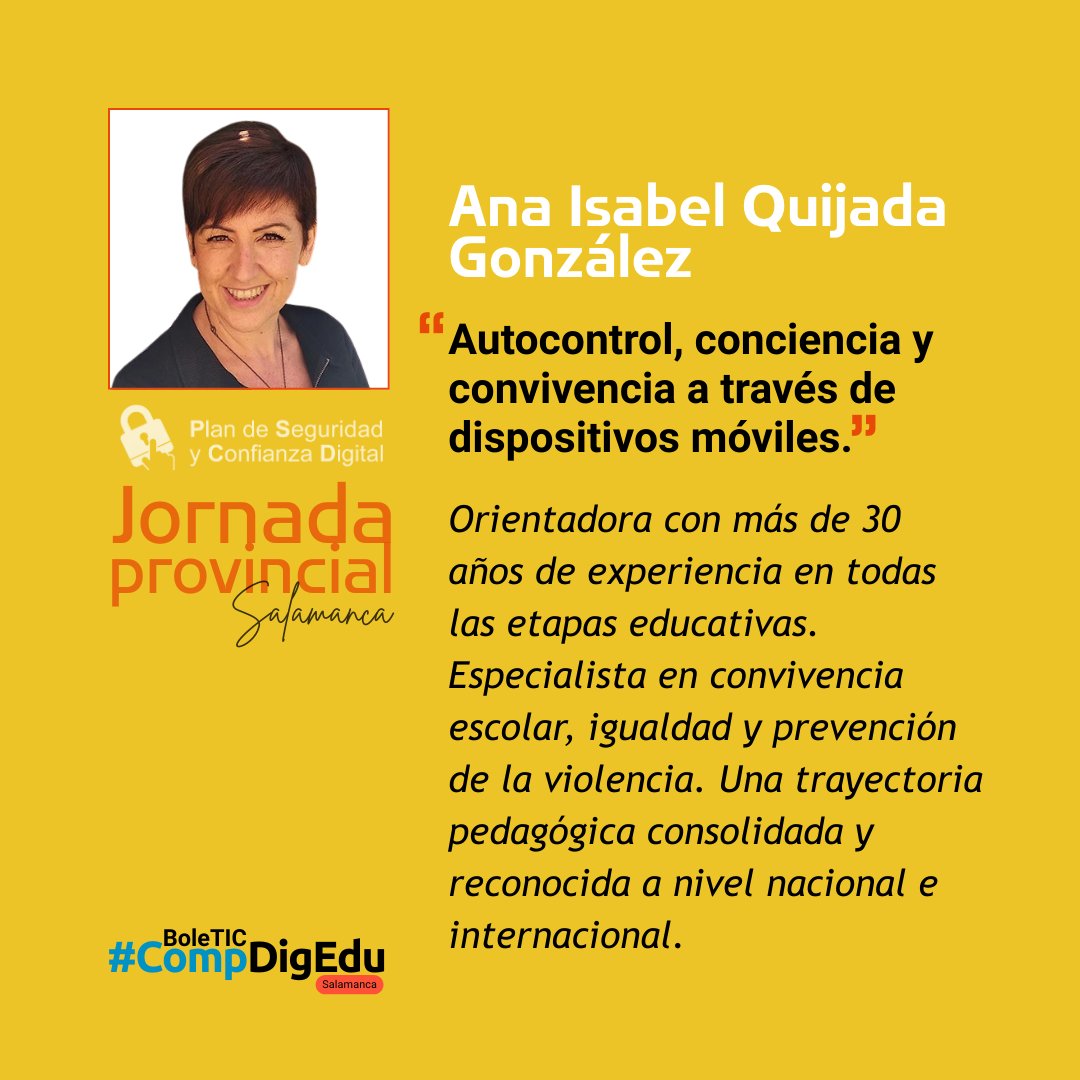 CompDigEdu_SA's tweet photo. 👩🏫 Ana Isabel Quijada González
¿Cómo acompañar a los jóvenes en el uso de los dispositivos móviles sin perder de vista la convivencia?
👩🏫 Abordará el autocontrol, la conciencia digital y la convivencia en el entorno educativo.
#PSCDSA #compdigedu https://t.co/BxNNmdkn9t