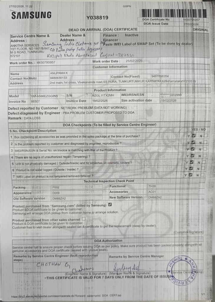 🚨 15 DAYS of Harassment by <a href="/SamsungIndia/">Samsung India</a>! 
​My brand new Galaxy A56 (SR: 4430795957) had a Motherboard failure in 6 days.Even with an official DOA Certificate (Y038819), Samsung is ignoring my refund &amp; sending bot replies.
​​@SamsungMobileIN @jdh_cho <a href="/ConsumerAffairs/">ConsumerAffairs</a> @cons_aff