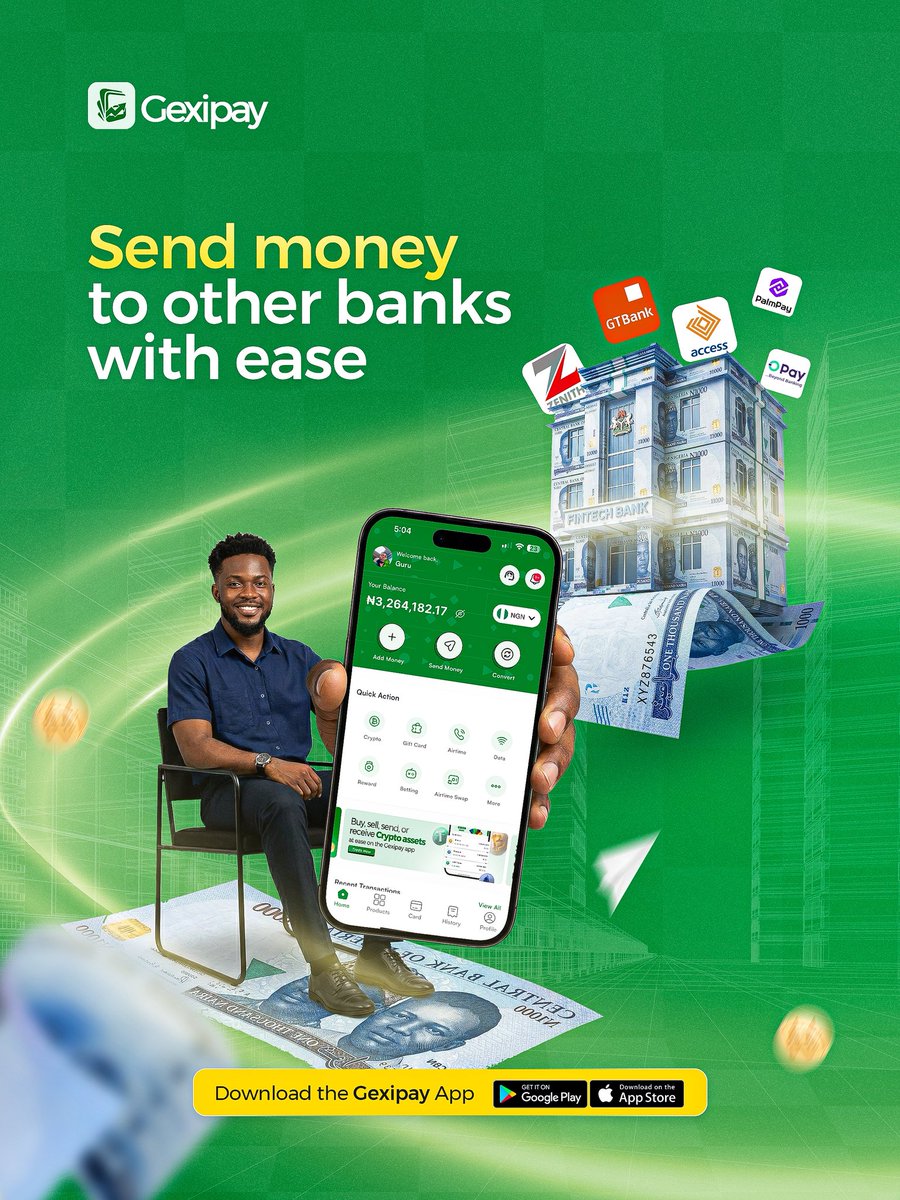 gexipayApp's tweet image. Send money to any bank in seconds.
No delays, No complications. Just fast, secure transfers from one powerful app. Everything works the way it should smooth, reliable, effortless. 

Download Gexipay and experience smarter transfers today.

#Gexipay #SendWithEase #SmoothTransfers