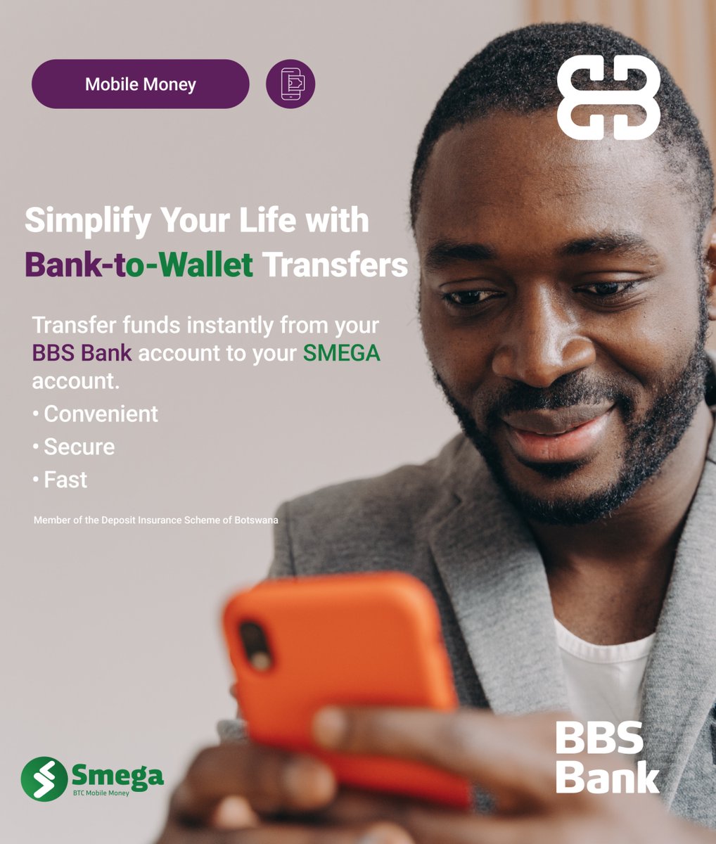 BBS_BW's tweet photo. Transfer funds effortlessly from your BBS Bank account to SMEGA account.Dial *190*123# or log in via https://t.co/I6cPTanRcC or use the Nomad Digital Banking App to transfer. #bbsbank #Banktowallet https://t.co/m80tKRLVKw