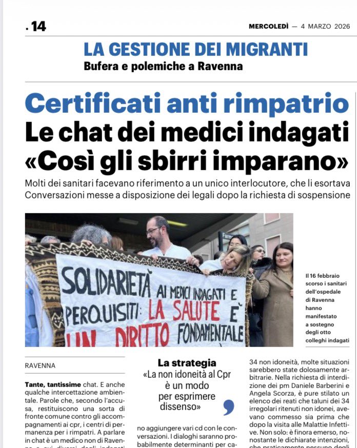 Certificati anti rimpatrio all’ospedale di Ravenna

A parlare in chat è un medico a cui diversi medici indagati spesso si rivolgevano

“Bene! Gli facciamo il c(...) a questi m(...) sbirri”, diceva a una collega per esprimerle soddisfazione di fronte ad altri due certificati di