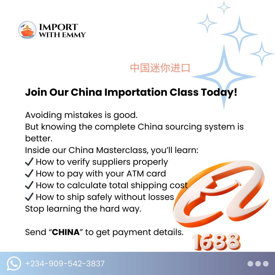 ImportWithEmmy's tweet photo. ✔️ Find winning products
✔️ Pay suppliers safely (without agent drama)
✔️ Handle shipping &amp; logistics confidently
✔️ Structure your importation like a real business
If you’re serious about importing the right way, not the trial-and-error way:
Reply “CHINA” or send a DM to join. https://t.co/RR96TxllkM