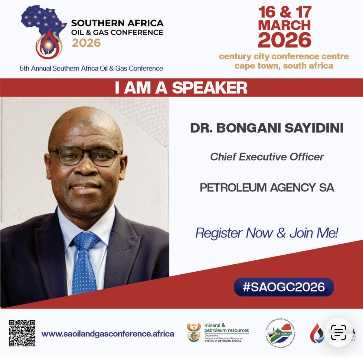 Just 2 weeks left until the 5th Southern African Gas and Oil Conference. One of the speakers at the conference will be Dr. Bongani Sayidini, the Chief Executive Officer of Petroleum Agency SA. 

Register at: docs.google.com/forms/d/e/1FAI…

#SAOGC2026 #UpstreamOilAndGas
