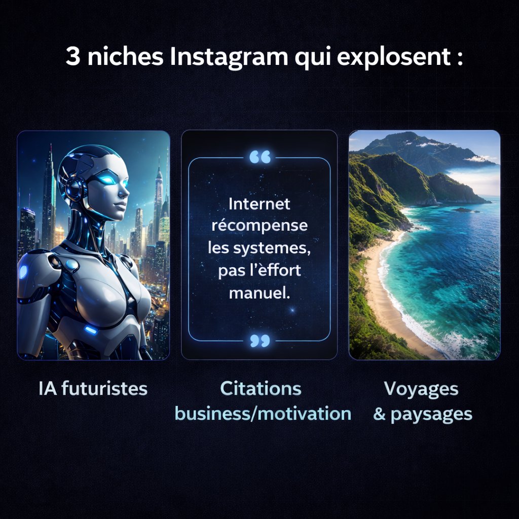 3 niches Instagram qui explosent actuellement :
✅ visuels IA futuristes
✅ citations business/motivation
✅ voyages &amp; paysages
Pourquoi ?
Parce que l’algorithme adore le contenu visuel répétable.