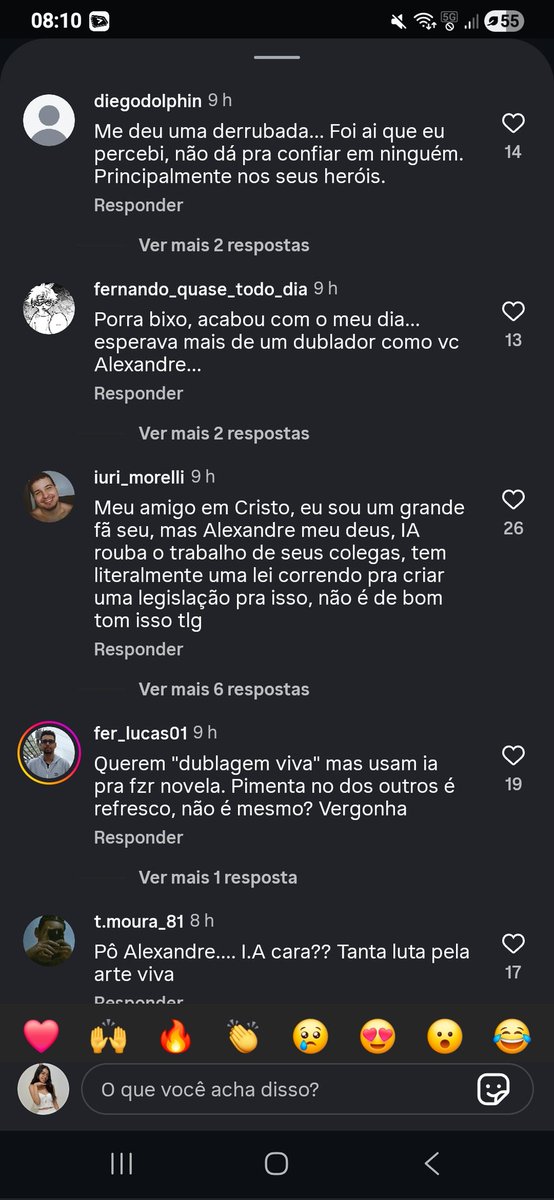 Mudando de assunto, fui no instagram ver a novela feita por IA do Alexandre Moreno (dublador que fez Perna Longa,Alex de Madagascar,  Gato de Botas, Adam Slander) e os comentários do vídeo é isso, uma meia dúziade gato pingado chorando: