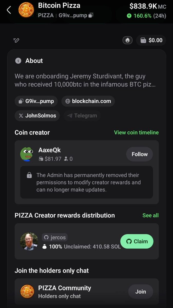 BTCPizza2010's tweet photo. Jeremy now has 410 sol unclaimed which is almost 40k

the guy sold 10000 btc (something he beleived in as an early adopter) for $500

once he responds we will walk him through the steps of claiming through his github @PumpfunEco @pumpfun_tv @pumpspotlight https://t.co/ZojWK1R14Z