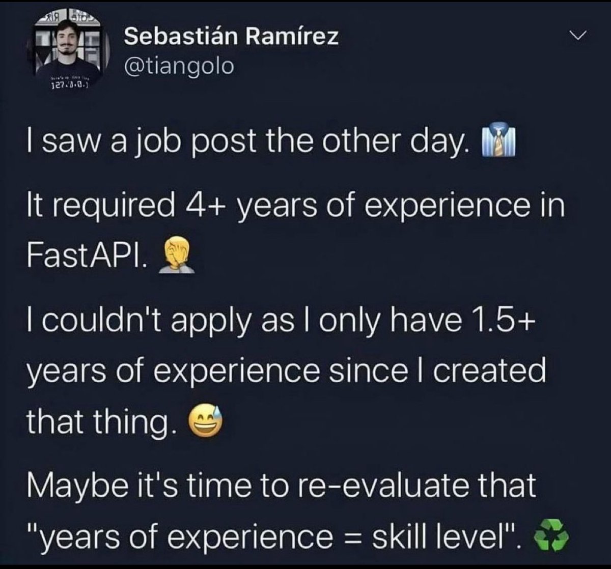 Dylan_210's tweet photo. I hope AI comes and replaces some of the current recruiters.

A funny story from Sebastián

A junior who ships beats a senior who talks.
A builder who learns fast beats a resume with tenure.

But most job posts are still written by people who don't understand what they're hiring for.

AI recruiting tools won't fix bad requirements.

But they might force companies to define what "qualified" actually means.

The best hire I ever made had zero years in the stack.
They just built something that worked.

Maybe it's time to re-evaluate the metrics.

Eduardo Ordax always with the hottest meme's.

What's the worst job requirement you've ever seen?

#ai #hiring