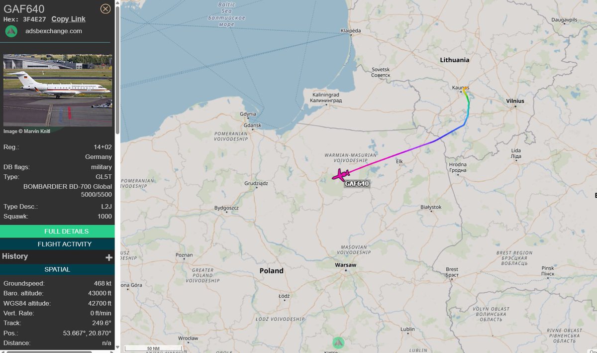 PolishMilRadar's tweet photo. 📅 04.03 🕒 09:31LT - 🇩🇪✈️ Bombardier tranzytem 🇩🇪
🇩🇪 Siły Powietrzne Niemiec
✈️ Bombardier Global 5000 "14+02"
🛫 Kowno #EYKA 🇱🇹
🛬 Berlin Brandenburg #EDDB 🇩🇪
#GAF640 leci na FL430
🔗 https://t.co/0GvMBv5vQM
#POLMILRADAR https://t.co/hljoeYcRgJ
