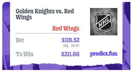 daisugemu's tweet photo. I just took a position on @predictdotfun.

NHL
Vegas Golden Knights vs. Detroit Red Wings

Red Wings - Win https://t.co/8crhcf6ERj